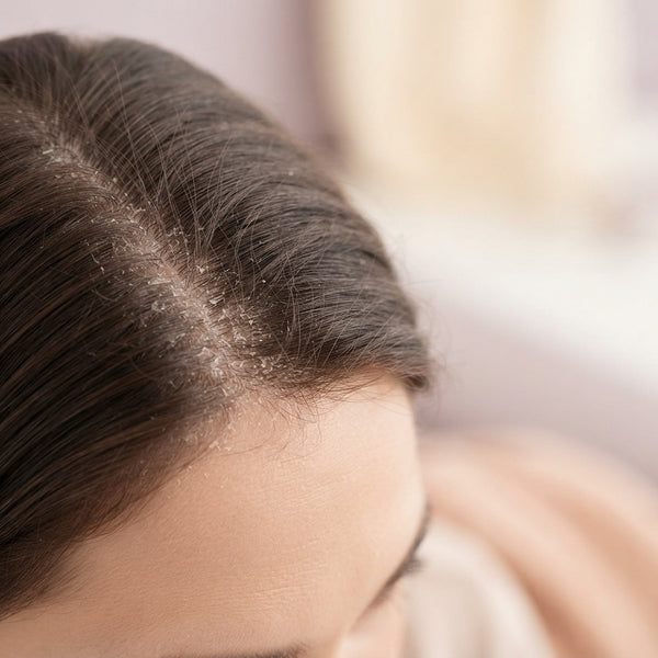 Close-up of a person's scalp showing dry, flaky skin at the hair roots against a soft-toned background.