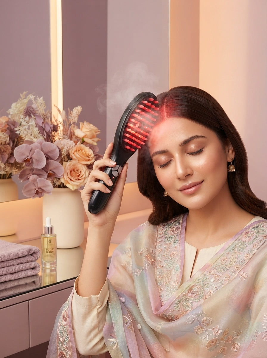 A woman using an electric scalp massage comb with steam and LED light therapy in a professional vanity setting.