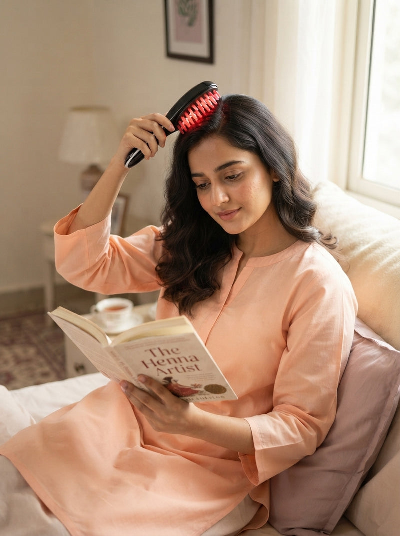 A woman in a bedroom using an electric scalp massage comb with red light therapy while reading.